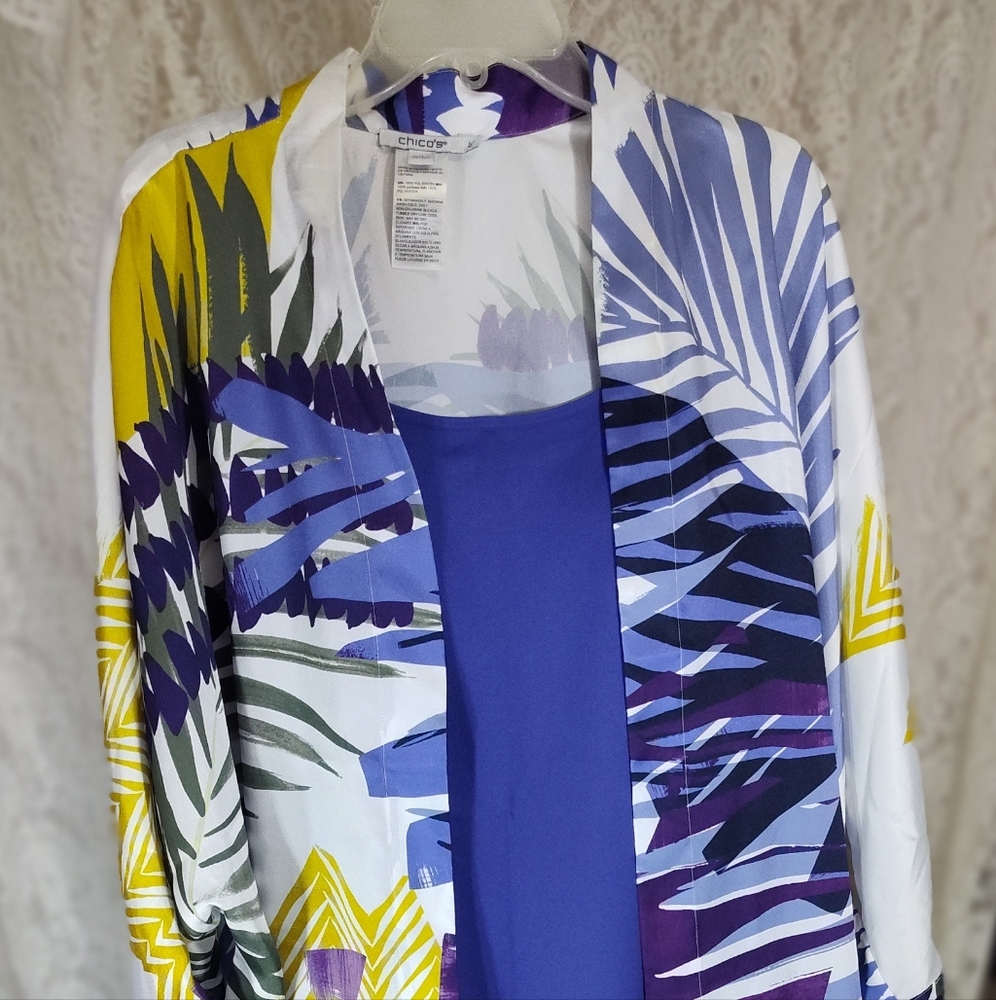 Chico's Tropical Blue print on White Kimono Cardigan Jacket NWT Size L/XL